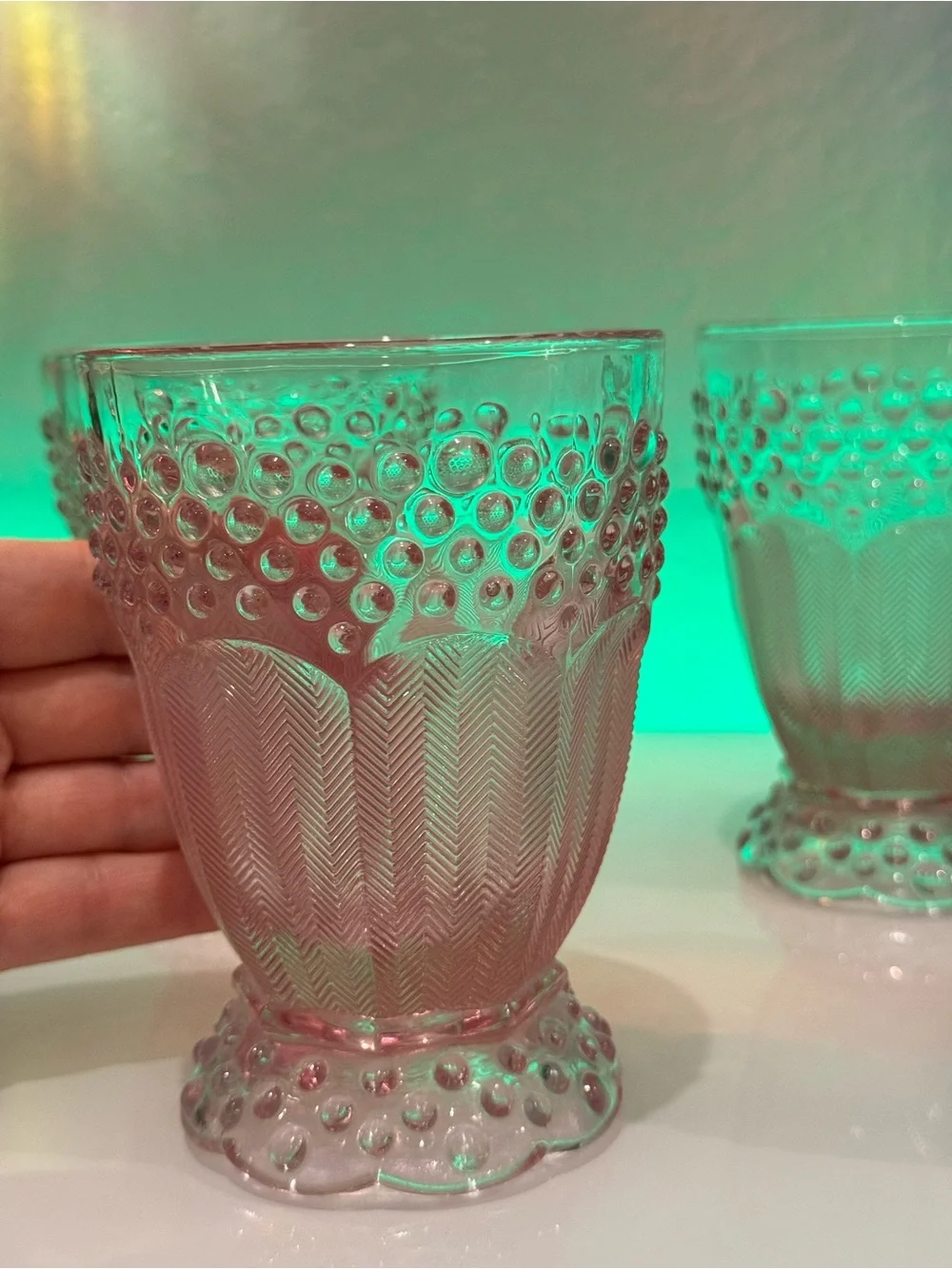 Gorham Crystal Emily's Attic Pink Hobnail Goblets 5’Italy~4 Pc Set excllent cond